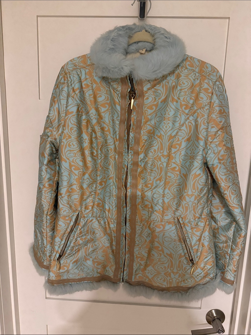 Society Light Blue and Gold Patterned Faux Fur-Trim Ski Jacket